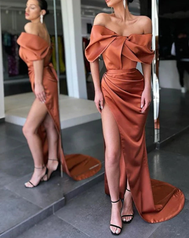 Burnt Orange Off-the-Shoulder Mermaid Prom Dress with Split